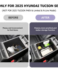 2025 Hyundai Tucson SEL center console organizer before and after image showing tidy storage for keys, coins, and essentials.