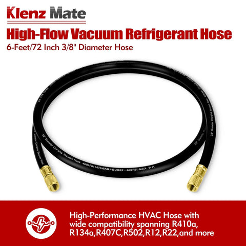 Pro Grade HVAC Vacuum Hose 72 Inches Long With Three Eighths Inch Flare Fittings For Fast Evacuation And Refrigerant Recovery
