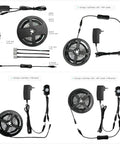 Motion Activated LED Strip Light Kit With Adjustable Time Delay And Lux, 19.7Ft, components view, FCC listed adapter included.