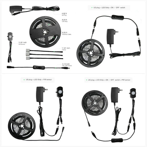 Motion Activated LED Strip Light Kit With Adjustable Time Delay And Lux, 19.7Ft, components view, FCC listed adapter included.