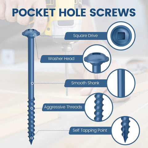 Diagram of Pocket Hole Screws No 8 Size Two And A Half Inch 300 Pcs Heavy Duty Coarse Thread Blue Anti Rust Coating Exterior Wood Screws showing parts.
