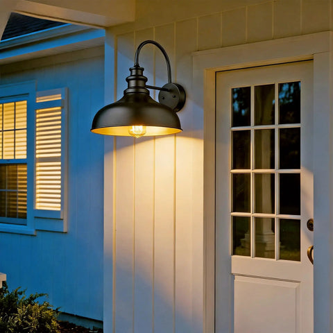 Old School Vintage Black Farmhouse Wall Light Sconce With E26 Socket illuminating porch next to white door
