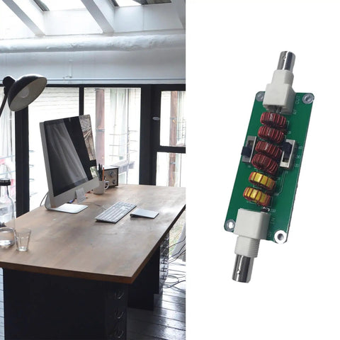 20m 30m 40m CW Low Pass Filter for radio and TV broadcasting with compact design, shown adjacent to office setup with computer.
