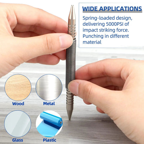 Hand holding Beefy Dual Head Nail Setter And Hinge Pin Punch Set Kit, 3 Piece Spring Nail Punch Kit with various material uses shown