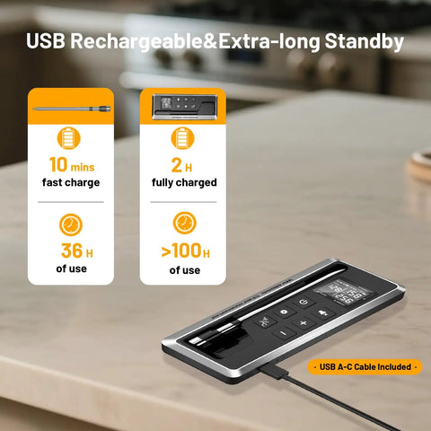 Wireless Meat Thermometer With Smart Timer And App Control For Grill, BBQ, Oven And Smoker, USB charging on counter