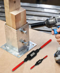 Two Pcs Adjustable Tap Wrenches With Ratcheting Handles for M1 to M20 threading demonstration on metal fixture