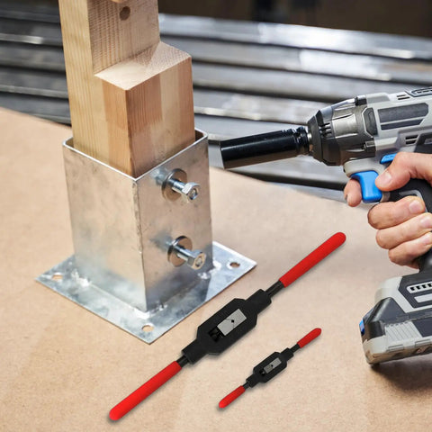 Two Pcs Adjustable Tap Wrenches With Ratcheting Handles for M1 to M20 threading demonstration on metal fixture