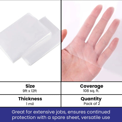 2 Pack Heavy Duty Plastic Drop Cloth 9x12 Feet Waterproof Clear Tarp shown on hand illustrating thinness and flexibility