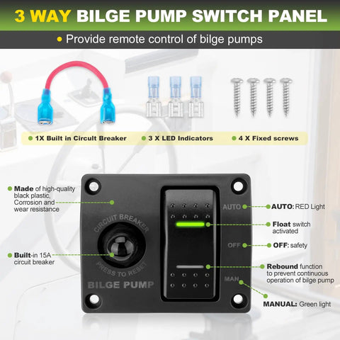 Beefed Up 1100 GPH 12V Automatic Boat Bilge Pump With Three Way Switch Panel And One And One Eighth Inch Diameter Plumbing Kit Built For Fishing Boats Cruisers Runabouts And Yachts shown with switch panel and accessories included.