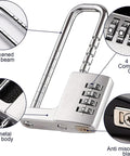 4 Digit Combo Padlock With Two Point Five Inch Wide Body And Three Eighths Inch Stainless Steel Retractable Shackle Outdoor Ready Lock, close-up of features.