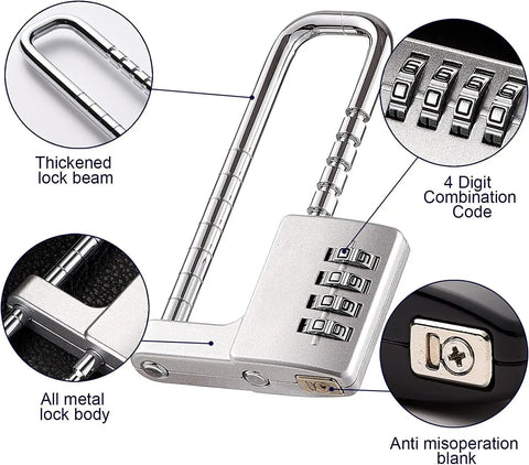 4 Digit Combo Padlock With Two Point Five Inch Wide Body And Three Eighths Inch Stainless Steel Retractable Shackle Outdoor Ready Lock, close-up of features.
