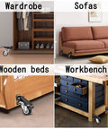 Collage of heavy duty workbench casters on wardrobe, sofas, wooden beds, and a workbench, showcasing versatile mobility.