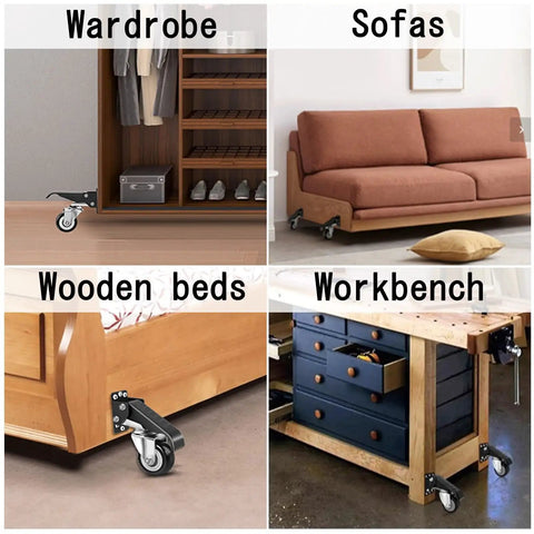 Collage of heavy duty workbench casters on wardrobe, sofas, wooden beds, and a workbench, showcasing versatile mobility.