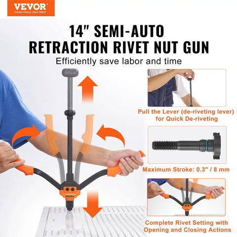 14 Inch Rivet Nut Tool Kit With 7 SAE And Metric Mandrels, 70 Assorted Rivet Nuts Including 10-24, operation features