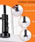 No Sweat Matte Black Kitchen Faucet Replacement Head With Solid 15 Piece Adapter Kit Pull Down Sink Sprayer Nozzle showing three water flow modes.