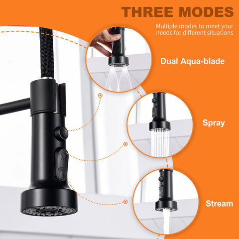 No Sweat Matte Black Kitchen Faucet Replacement Head With Solid 15 Piece Adapter Kit Pull Down Sink Sprayer Nozzle showing three water flow modes.
