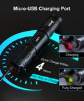 L50 Rechargeable Tactical Flashlight Beast Beam 1200 Lumens, IP68 Waterproof, micro-USB charging feature displayed