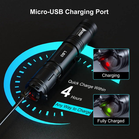 L50 Rechargeable Tactical Flashlight Beast Beam 1200 Lumens, IP68 Waterproof, micro-USB charging feature displayed