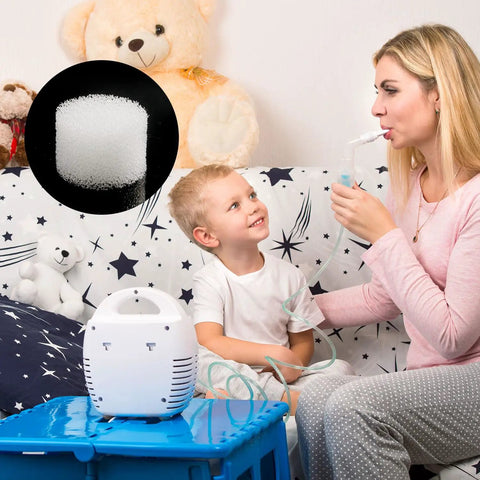 Mother using nebulizer with child, black circle inset showing round white sponge from 96 Pcs Nebulizer Filter Replacement Kit for Compressor Systems.