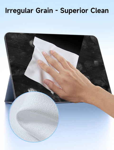 White microfiber cleaning cloth for screens; hand wiping tablet screen with close-up fabric texture