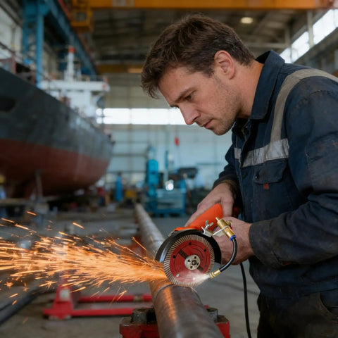 Man using angle grinder with Keep Dust To The Curb And Your Equipment In Top Shape With This Smooth Two Mode Flexible Water Sprayer Nozzle.