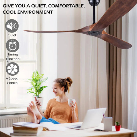 60 Inch No Light Wood Ceiling Fan for Indoor Outdoor Patios and Sloped Ceilings, Silent DC Motor, Walnut Finish shown in living room