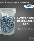 Slotted Hex Head License Plate Screws Metric 6mm x 16mm for Vehicles Pack of 100 in resealable bag