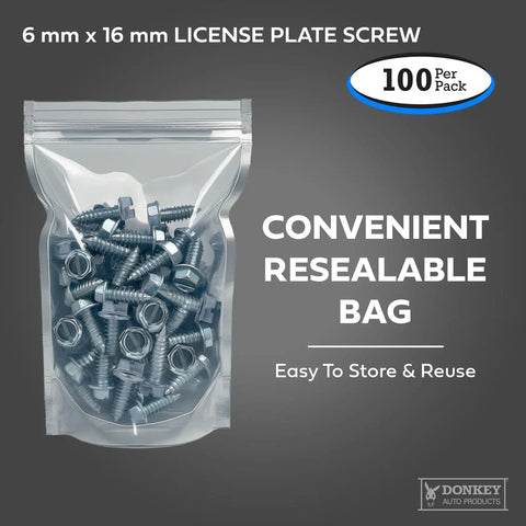 Slotted Hex Head License Plate Screws Metric 6mm x 16mm for Vehicles Pack of 100 in resealable bag