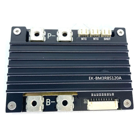 Pro Level 4S Ternary Lithium Battery BMS Protection Board Built Tough With 120a Surge Breaker, top view with connectors.