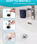Instructions for installing 2 In 1 Bathroom Sink Stopper And Hair Catcher Universal Pop Up Drain Stopper For 1.1 To 1.5 Inch US Standard Drain Holes Easy To Install No Tools Required Keeps Hair Out Of The Drain And Prevents Clogs In Any Bathroom Sink No Fuss on a white sink