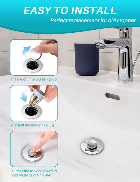 Instructions for installing 2 In 1 Bathroom Sink Stopper And Hair Catcher Universal Pop Up Drain Stopper For 1.1 To 1.5 Inch US Standard Drain Holes Easy To Install No Tools Required Keeps Hair Out Of The Drain And Prevents Clogs In Any Bathroom Sink No Fuss on a white sink