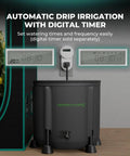 Auto Drip Irrigation Kit With 13 Gallon Foldable Bucket, 24W Upgraded Pump, digital timer setup next to indoor garden