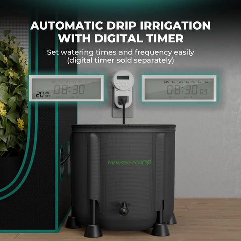 Auto Drip Irrigation Kit With 13 Gallon Foldable Bucket, 24W Upgraded Pump, digital timer setup next to indoor garden