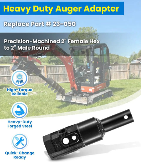 Heavy Duty Metal Connector for Skid Steers, showing Hex to Round Adapter, perfect for Post Hole Diggers