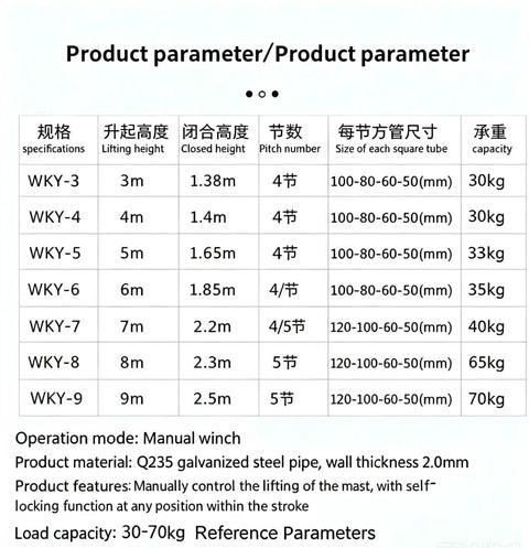 Product parameter table for Manual Crank Telescopic Light Pole, specs include height, capacity, and material details.