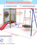 6 In 1 Backyard Swing Set With Trampoline, Slide, Saucer Swing, Belt Swing, Dartboard, And Basketball Hoop, Heavy Duty A Frame Metal Stand, 440 Lbs Capacity For Kids Outdoor Family Fun showing dimensions and components.