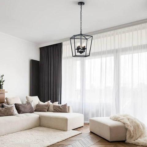 Living room with 4 Light Farmhouse Lantern Chandelier In Matte Black With Adjustable Chain Rustic Geometric Pendant Light