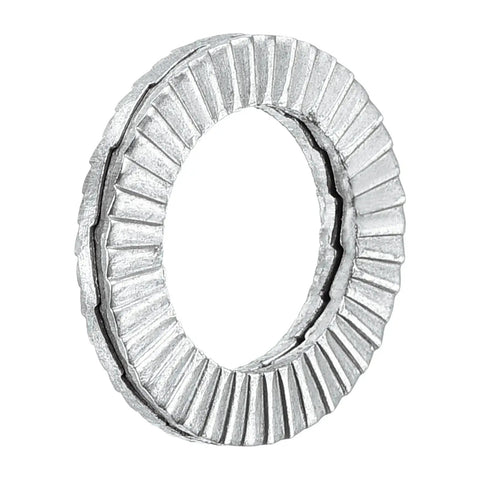 Size 10 Wedge Locking Washers In 304 Stainless Steel, Vibration Resistant DIN 25201, close-up of grooved washer design