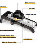 Adjustable stainless steel mandoline slicer with 7-in-1 blades, showing foldable handle and safety push hands for stable slicing.