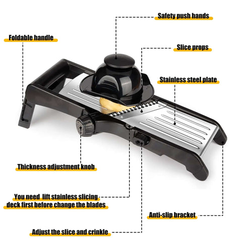 Adjustable stainless steel mandoline slicer with 7-in-1 blades, showing foldable handle and safety push hands for stable slicing.