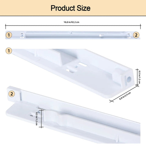 Product size dimensions of Upgraded Fridge Drawer Slide Rails For Kenmore And Frigidaire Refrigerators, white plastic, 16.6 in long.