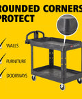 Two Shelf Foam Utility Cart With Lipped Shelves And Ergonomic Handle Black 500 Lb Capacity Durable Rolling Cart with Rounded Corners