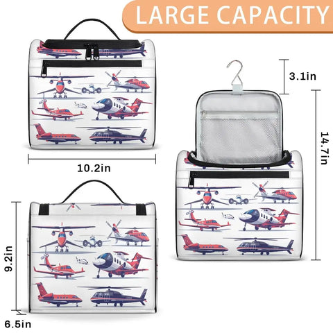 Aircraft Pattern Travel Toiletry Bag For Women And Men, Large Capacity 10.2 x 6.5 x 9.2 Inches, Hanging Dopp Kit open and closed view