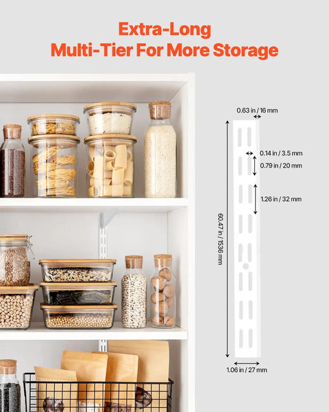 Premium Heavy Duty 60 Inch Shelf Pilasters 5 Pack Dual Track Upright Wall Shelving System Featuring Twin Slot Rails And Hardware For Killer Closet And Cabinet Organization Storage Solutions Silver with stacked jars.