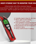 Speaking Non-Contact Infrared Thermometer For Home Use With English And Spanish Voice Fast No-Touch Forehead Readings In 1 Second Digital Thermometer For Adults Kids And Babies, red handheld display