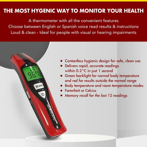 Speaking Non-Contact Infrared Thermometer For Home Use With English And Spanish Voice Fast No-Touch Forehead Readings In 1 Second Digital Thermometer For Adults Kids And Babies, red handheld display