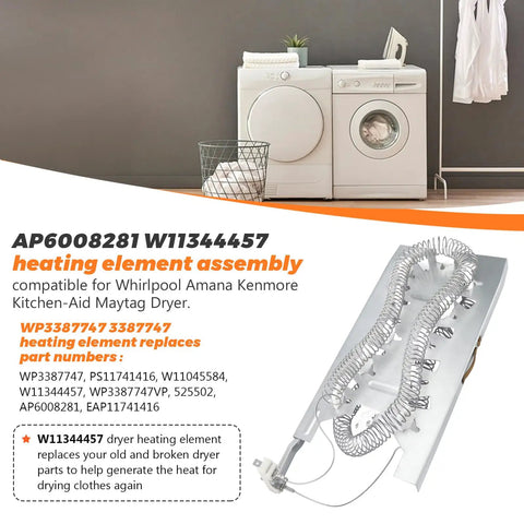 Upgrade Dryer Heating Element Kit WP3387747 3387747 W11344457 replacement shown with laundry machines backdrop