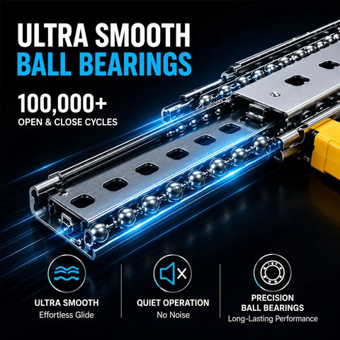 Beefy 500 Lbs Drawer Slides With 3 Fold Full Extension Rugged Steel Cabinet Rails For Heavy Gear Smooth Glide Secure Locking Non Removable Lock Industrial Grade Performance ball bearing rail close-up