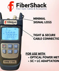 Front view of FiberShack optical power meter with VFL handheld, blue backlit display, and FC/LC adapters
