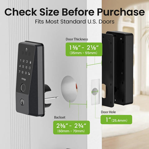Slick Palm Vein Smart Door Lock With Built In Wifi And Keyless Entry For The Front Door featuring size specifications for installation.